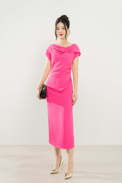 Sixdo Off-shoulder Midi Silk Dress